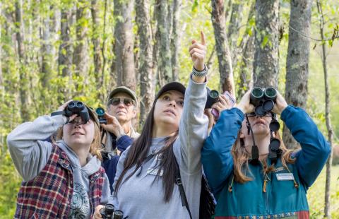 a group of women with binoculars looking up towards the sky